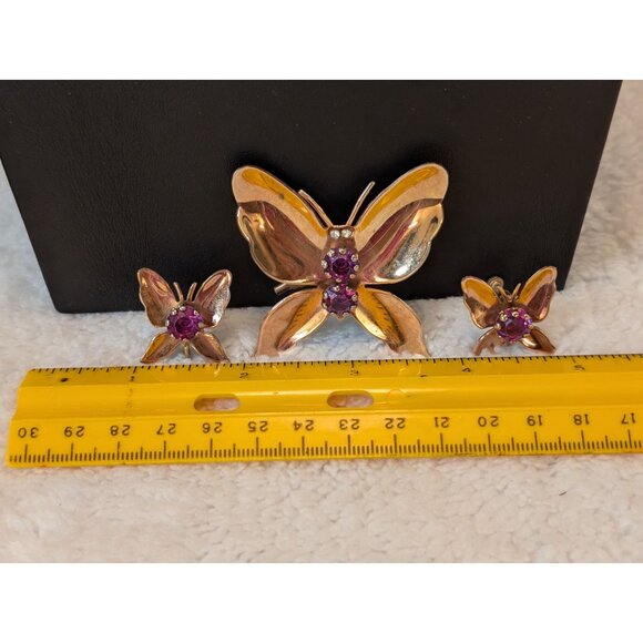 Vintage Gold-Tone Butterfly Brooch & Screwback Earrings W/ Pronged Rhinestones - Picture 1 of 5